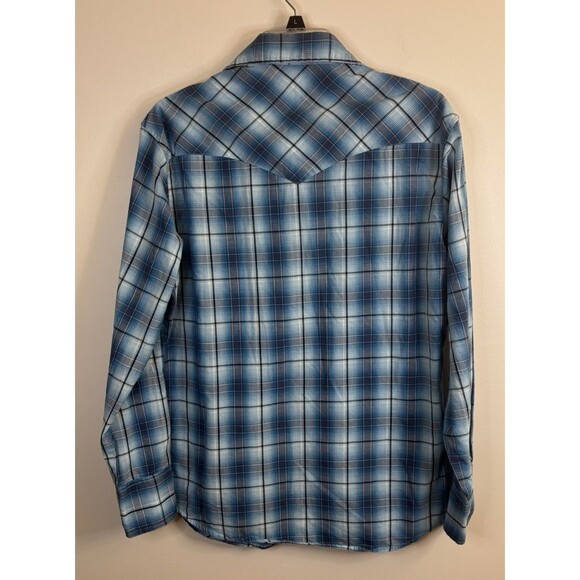 WRANGLER Plaid Pearl Snap Shirt Mens Medium Blue Western Cowboy Chest Pockets - Picture 3 of 10